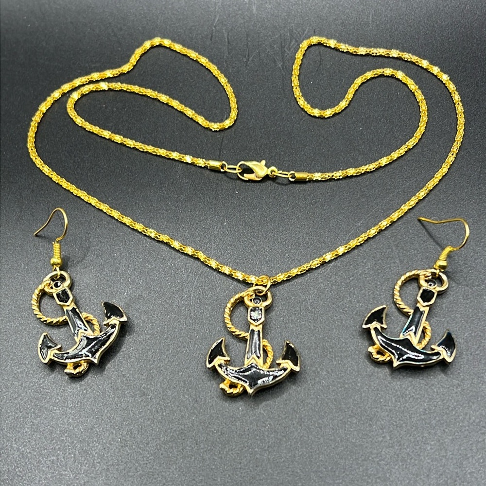 Black enamel anchor necklace and earrings
